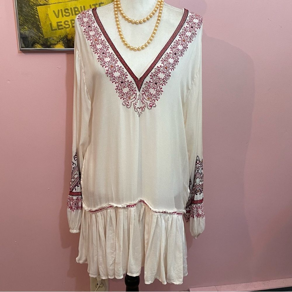 NWT Free People Wild One Embroidered Ivory Peasant Mini Dress